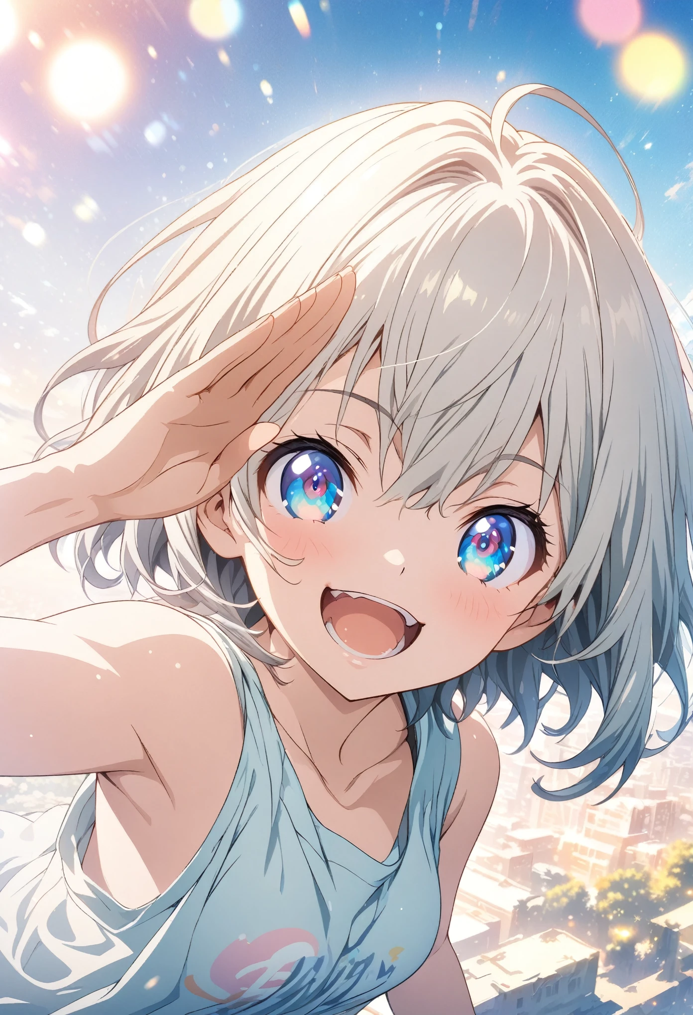masterpiece, Highest quality, Highly detailed CG Unity 8K wallpapers, High School Girl Anime Illustration. Wear an oversized tank top、salute、Big eyes, Double teeth, she has her eyes closed and mouth open, smile. Short Hair, The background is a light pastel colored landscape., Bokeh, Depth of written boundary
