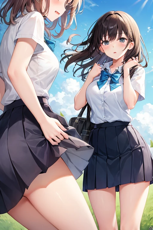 Strong winds、A high school girl desperately holds down her skirt、loose skirt、blush、The wind blows up my skirt、Skirt Fuwari、Low - Angle