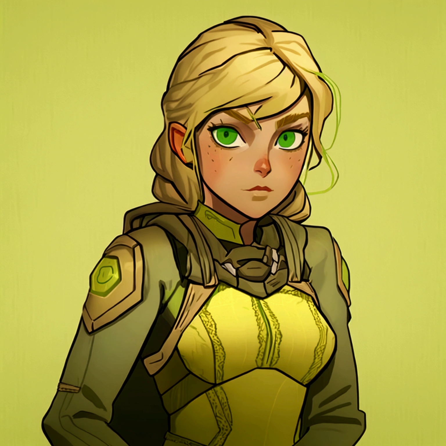 concept art, European and American comics, game character design, RPG Fantasy Game Characters, solo, 20-year-old European woman, (((blonde hair, golden hair))), long hair, braid (((Lime green fabric combat suit))),white background, Brown eyebrows ,holding a bow,black eye, Focused on the upper body, Make your face look bigger,((Draw only up to the waistline))), (((Zoom in so the face is clearly visible))), (((Focused on the upper body))), Lime green short-sleeved top, A cloak with a hood, Brown corset, Lime green gloves, Brown waist belt, The belt buckle is lime green, Short lime green skirt, holding a bow, Wearing a quiver,