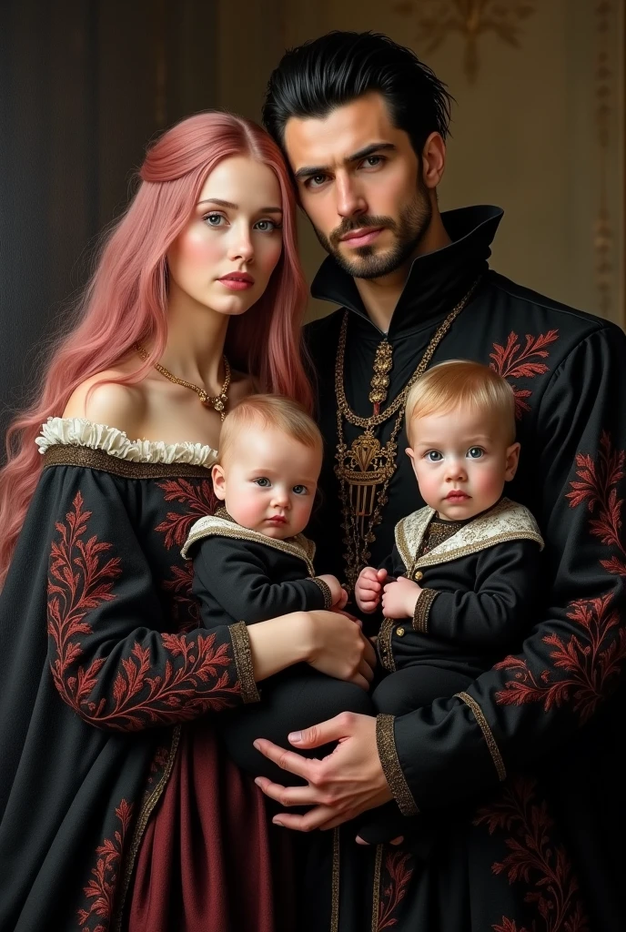 beautiful medieval woman with long pink hair and hazle eyes and handsome man with neck-lenght spiky black hair and dark eyes, holding twin babies with black hair. The baby girl has dark eyes and the baby boy has hazel eyes, all of them are clad in regal black as the primary color and red embroidery.