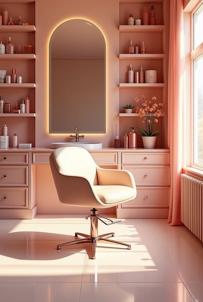 Image as if you were looking from inside a beauty salon with a chair and sink, mirror and shelf in the background with products in the background. Cor rose Gold no formato 1080 X 720. Only the empty salon with no clients.