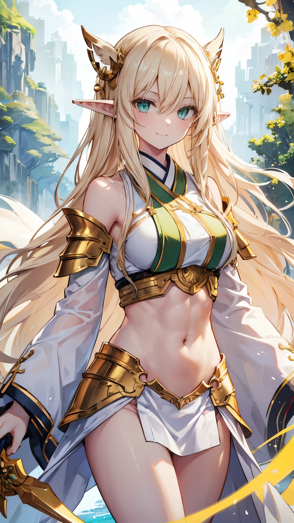 ,Highest quality,Golden Hair,White skin,Green Eyes,Very long hair,Half Up,Beautiful breasts,Shining Eyes,fur,smile,Elf Ears,,Toned body,slender,Cross your arms,kimono,armor,Abdominal muscles
