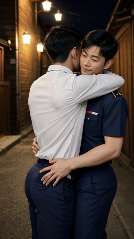 Two asian men hugging, 39-years-old, a short beard, muscle chub, trunks, Open-chested military shirt uniform, exposes the penis, complete penis, in the center of the alley at night, moon, lantern, Full Frame, Professional Lighting