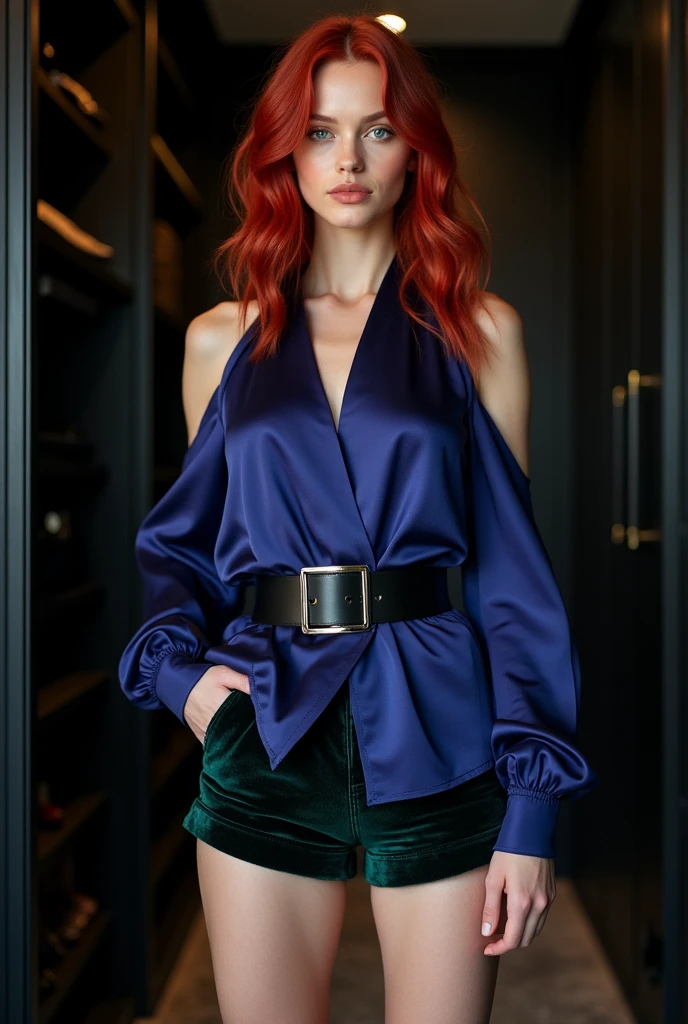 Full-body shot of a 170 cm tall, 24-year-old woman with blood-red side-parted, layered medium-length wavy hair, very pale skin, and blue eyes. She is wearing a sapphire blue-purple silk halter top that is full-length and untucked, with a thick black belt cinched around her waist over the shirt. She also wears black velvet shorts with a green sheen and red wedge sandals. She is standing in a chic, large black walk-in closet with cinematic lighting.