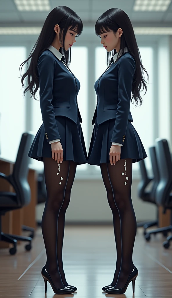 Indoors(8k), (highest quality: 1.2), (Realistic: 1.37), Ultra-high resolution, Ultra-high resolution, Very detailed, Golden Ratio, Cute 2 people, They all have amazingly cute Japanese gal faces.、(Two beautiful secretaries、standing), (She is fully dressed in a black mini-length office uniform.), (wide thighs, Very long legs), ((I always wear black tights covered in semen.)), (Semen splashing)、Dark blue uniform, (Micro Mini Skirt), (Wide thighs in shiny black pantyhose), High heels, (Her uniform is covered in white semen), No semen on my face、(Semen is an opaque white liquid),Contrast between black pantyhose and white semen、I can see it clearly、(A lot of white semen flows on black pantyhose)