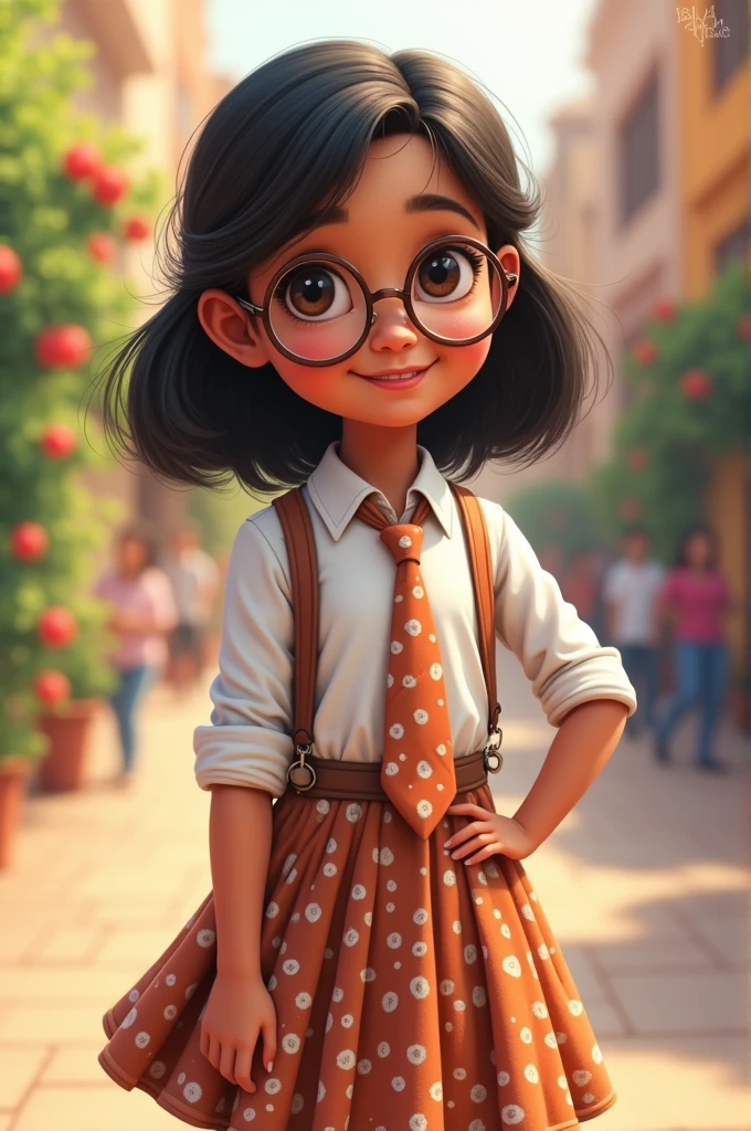 Create a cute indian girl in shirt and scirt with tie and lens