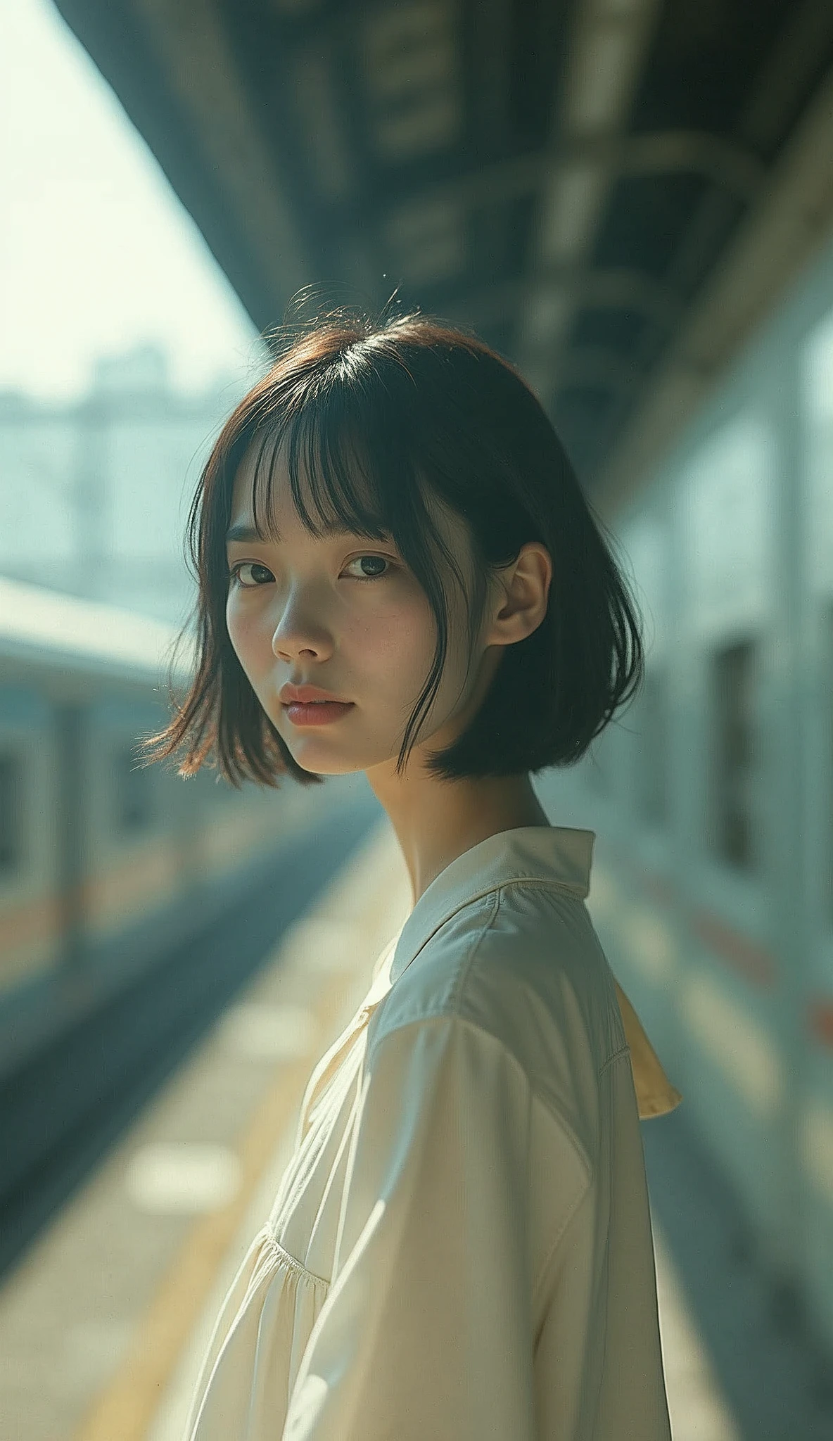 Edit Photos,Highly detailed background,Ultra-realistic,Double exposure,Depth of written boundary,Summer atmosphere,Soft Focus Tone,Story Scene,Very thin,Straight hair,short cut bangs,super slim eyes,Train passing through viaduct,Underground,From below,