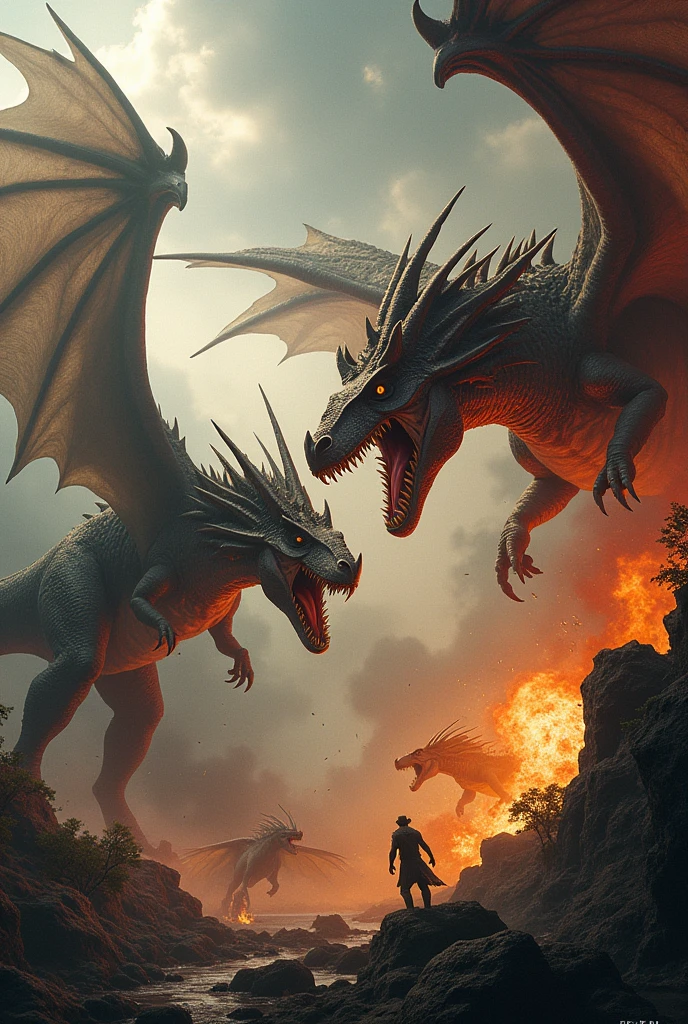 Dinosaurs fighting dragons