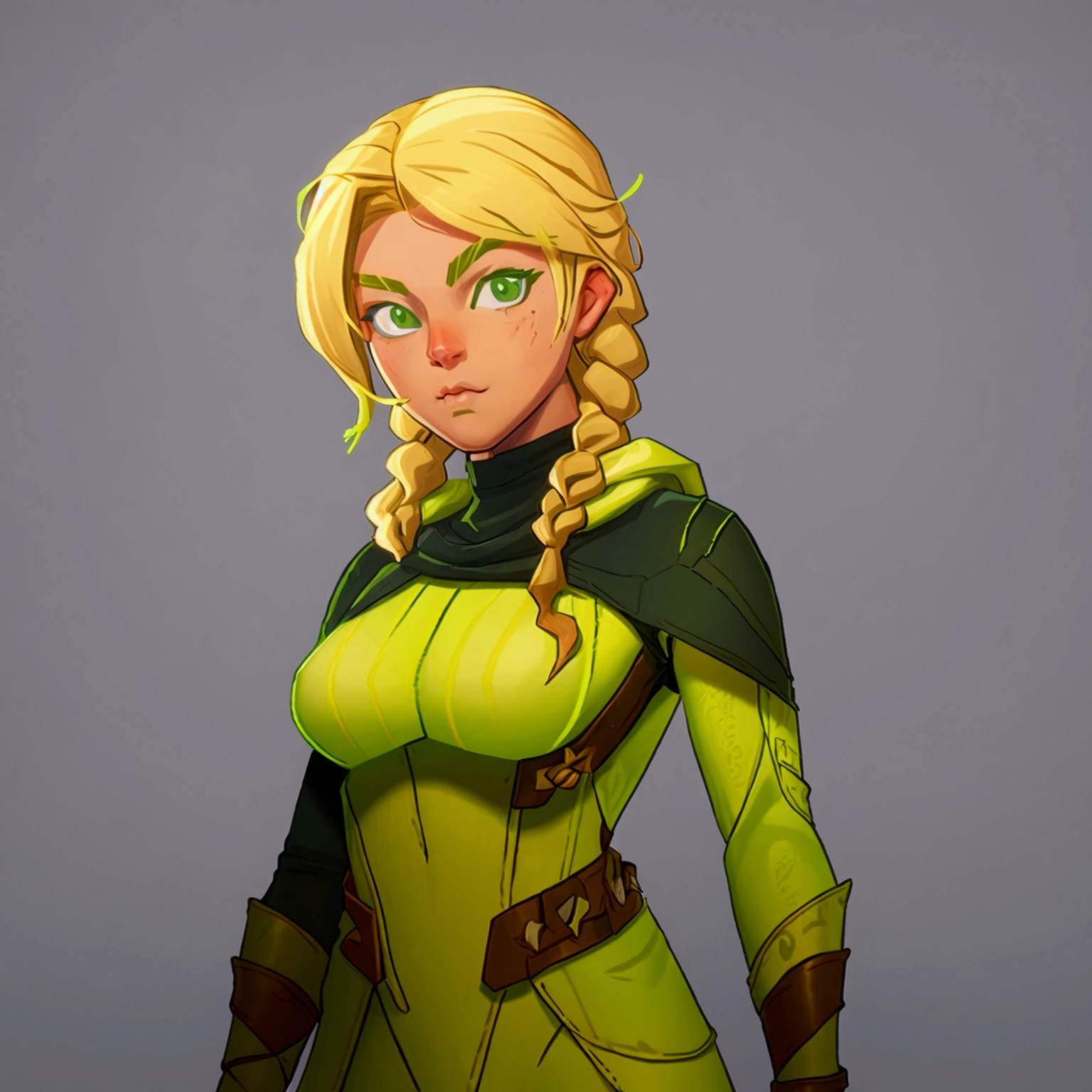 concept art, European and American comics, game character design, RPG Fantasy Game Characters, solo, 20-year-old European woman, (((blonde hair, golden hair))), long hair, braid (((Lime green fabric combat suit))),white background, Brown eyebrows ,holding a bow,black eye, Focused on the upper body, Make your face look bigger,((Draw only up to the waistline))), (((Zoom in so the face is clearly visible))), (((Focused on the upper body))), Lime green short-sleeved top, A cloak with a hood, Brown corset, Lime green gloves, Brown waist belt, The belt buckle is lime green, Short lime green skirt, holding a bow, Wearing a quiver,