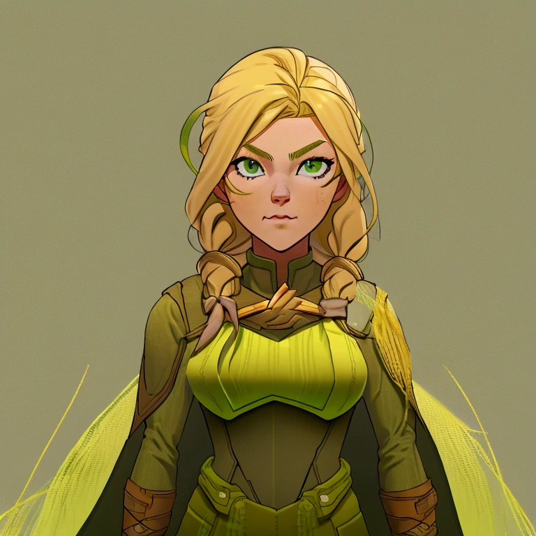 concept art, European and American comics, game character design, RPG Fantasy Game Characters, solo, 20-year-old European woman, (((blonde hair, golden hair))), long hair, braid (((Lime green fabric combat suit))),white background, Brown eyebrows ,holding a bow,black eye, Focused on the upper body, Make your face look bigger,((Draw only up to the waistline))), (((Zoom in so the face is clearly visible))), (((Focused on the upper body))), Lime green short-sleeved top, A cloak with a hood, Brown corset, Lime green gloves, Brown waist belt, The belt buckle is lime green, Short lime green skirt, holding a bow, Wearing a quiver,