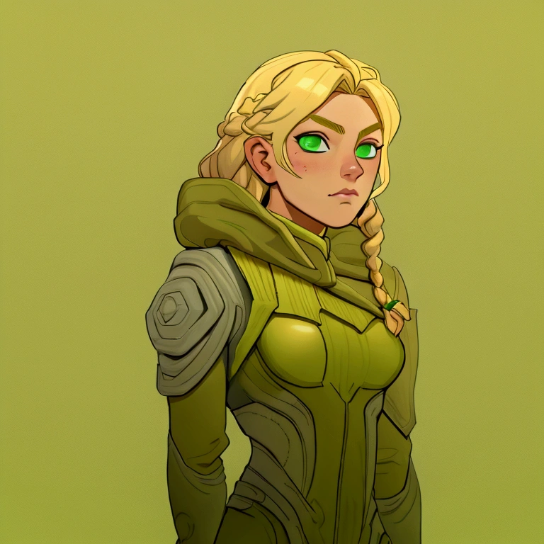 concept art, European and American comics, game character design, RPG Fantasy Game Characters, solo, 20-year-old European woman, (((blonde hair, golden hair))), long hair, braid (((Lime green fabric combat suit))),white background, Brown eyebrows ,holding a bow,black eye, Focused on the upper body, Make your face look bigger,((Draw only up to the waistline))), (((Zoom in so the face is clearly visible))), (((Focused on the upper body))), Lime green short-sleeved top, A cloak with a hood, Brown corset, Lime green gloves, Brown waist belt, The belt buckle is lime green, Short lime green skirt, holding a bow, Wearing a quiver,