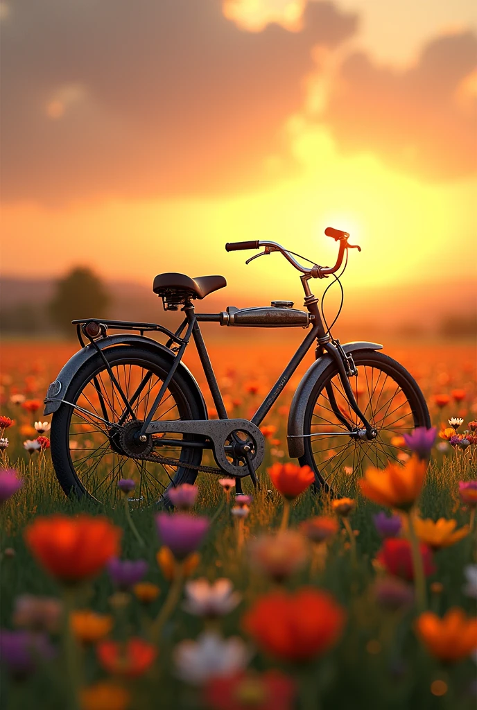 Vintage bicycle with the background of a field of flowers and sunset