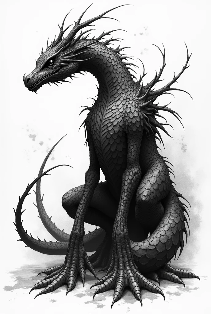 Mysterious earth wyvern, dark feeling, inkstyle, black and white