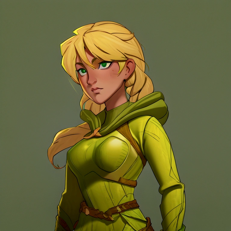 concept art, European and American comics, game character design, RPG Fantasy Game Characters, solo, 20-year-old European woman, (((blonde hair, golden hair))), long hair, braid (((Lime green fabric combat suit))),white background, Brown eyebrows ,holding a bow,black eye, Focused on the upper body, Make your face look bigger,((Draw only up to the waistline))), (((Zoom in so the face is clearly visible))), (((Focused on the upper body))), Lime green short-sleeved top, A cloak with a hood, Brown corset, Lime green gloves, Brown waist belt, The belt buckle is lime green, Short lime green skirt, holding a bow, Wearing a quiver,