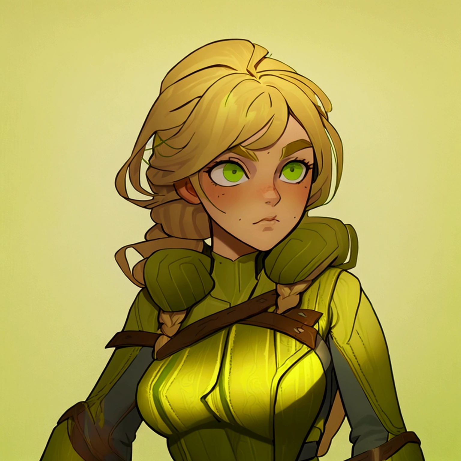 concept art, European and American comics, game character design, RPG Fantasy Game Characters, solo, 20-year-old European woman, (((blonde hair, golden hair))), long hair, braid (((Lime green fabric combat suit))),white background, Brown eyebrows ,holding a bow,black eye, Focused on the upper body, Make your face look bigger,((Draw only up to the waistline))), (((Zoom in so the face is clearly visible))), (((Focused on the upper body))), Lime green short-sleeved top, A cloak with a hood, Brown corset, Lime green gloves, Brown waist belt, The belt buckle is lime green, Short lime green skirt, holding a bow, Wearing a quiver,