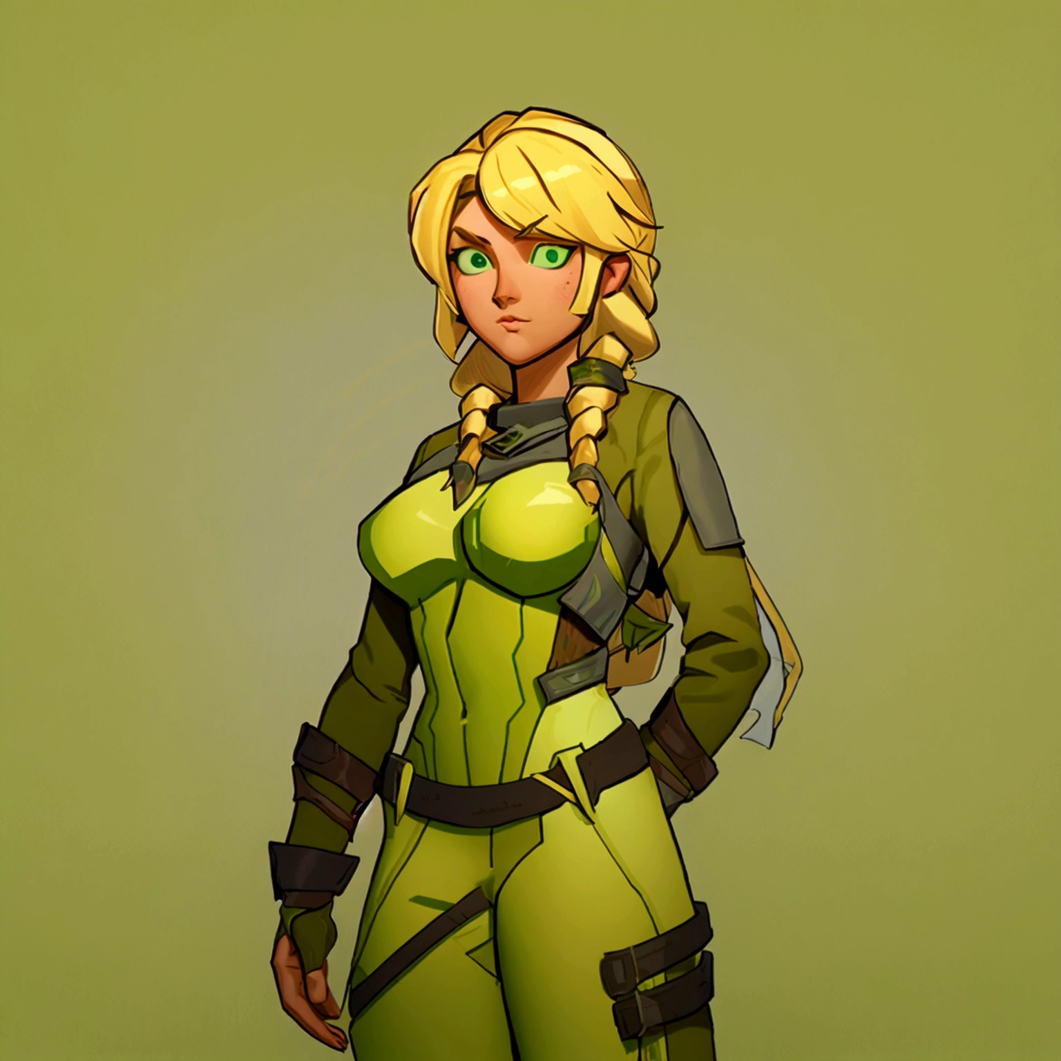 concept art, European and American comics, game character design, RPG Fantasy Game Characters, solo, 20-year-old European woman, (((blonde hair, golden hair))), long hair, braid (((Lime green fabric combat suit))),white background, Brown eyebrows ,holding a bow,black eye, Focused on the upper body, Make your face look bigger,((Draw only up to the waistline))), (((Zoom in so the face is clearly visible))), (((Focused on the upper body))), Lime green short-sleeved top, A cloak with a hood, Brown corset, Lime green gloves, Brown waist belt, The belt buckle is lime green, Short lime green skirt, holding a bow, Wearing a quiver,