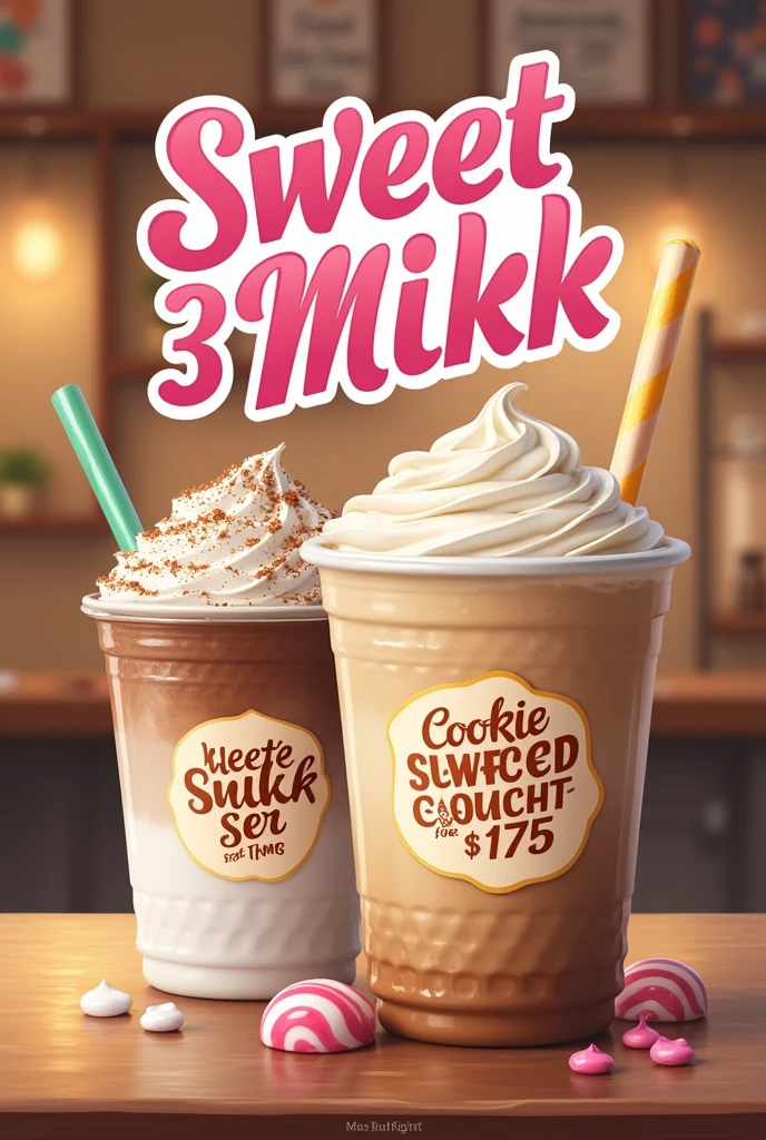 Create an image that says Sweet 3 Milks for $3 and Cookie Sweet for $1.75
