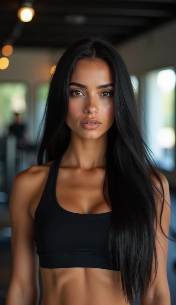 Brazilian woman, long straight black hair, eyes browns, age 20 to 25,in gym