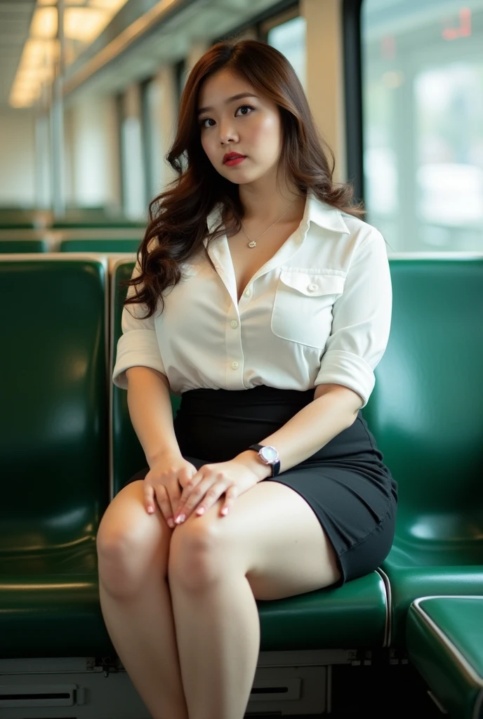 (sit in a train seat:1.5), (Photo taken from the opposite chair:1.5), (Sit with your knees facing forward:1.5), (Surprised expression:1.6), (Beautiful Japanese woman:1.5), (Sit with your knees together:1.5), (Wavy brown hair:1.3), (green seat), (Voluptuous body:1.5), (One plump woman), (White blouse:1.4), (Black Pencil Skirt:1.4), (High heels:1.7), (White lace panties:1.7), (View Photographer), ((Perfect hands and fingers)), (Looking into the camera:1.6), (A seductive gaze:1.5), Big eyes, elegant temperament, Highest quality, Down to the last detail, Perfect Face, Red lipstick, Perfect body, Large Model, Mature Woman, expensive, Leg length, Long eyelashes, Dark eye shadow, Her face is heavily made up, cosmetics, (lipstick: 1.1), (eyeliner: 1.2), mascara, eye shadow, necklace,