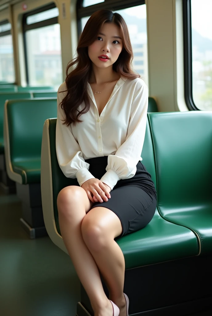 (sit in a train seat:1.5), (Photo taken from the opposite chair:1.5), (Sit with your knees facing forward:1.5), (Surprised expression:1.6), (Beautiful Japanese woman:1.5), (Sit with your knees together:1.5), (Wavy brown hair:1.3), (green seat), (Voluptuous body:1.5), (One plump woman), (White blouse:1.4), (Black Pencil Skirt:1.4), (High heels:1.7), (White lace panties:1.7), (View Photographer), ((Perfect hands and fingers)), (Looking into the camera:1.6), (A seductive gaze:1.5), Big eyes, elegant temperament, Highest quality, Down to the last detail, Perfect Face, Red lipstick, Perfect body, Large Model, Mature Woman, expensive, Leg length, Long eyelashes, Dark eye shadow, Her face is heavily made up, cosmetics, (lipstick: 1.1), (eyeliner: 1.2), mascara, eye shadow, necklace,