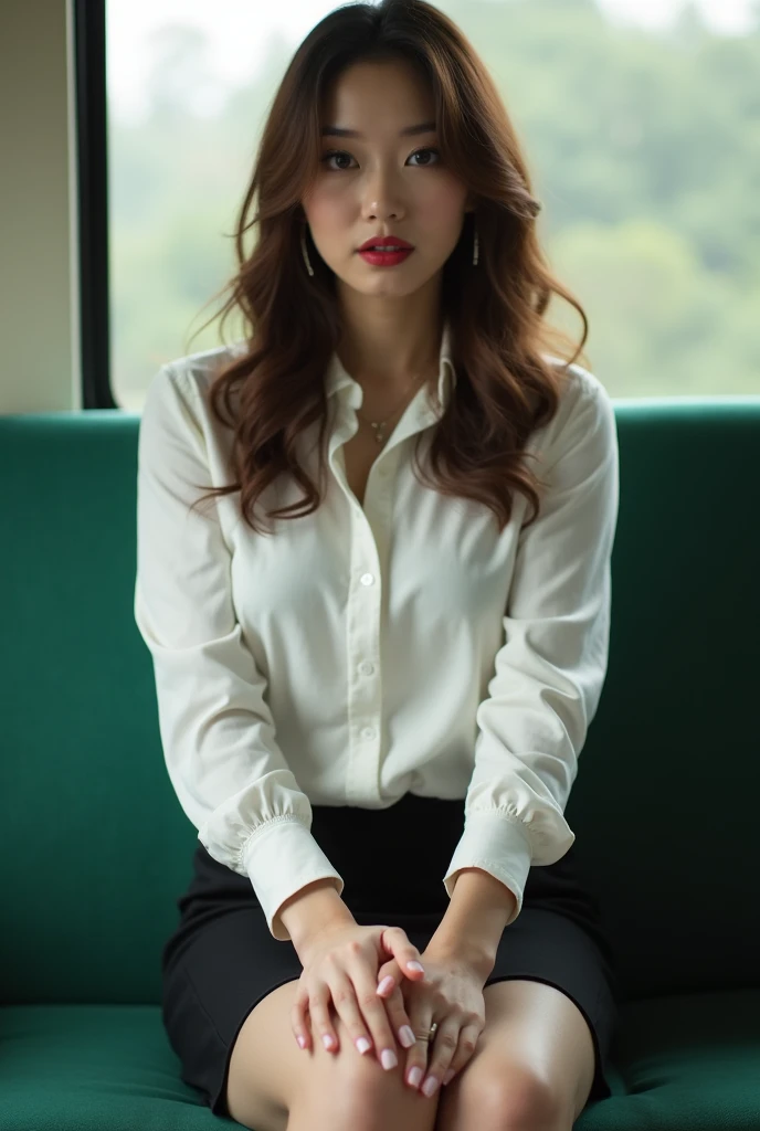 (sit in a train seat:1.5), (Photo taken from the opposite chair:1.5), (Sit with your knees facing forward:1.5), (Surprised expression:1.6), (Beautiful Japanese woman:1.5), (Sit with your knees together:1.5), (Wavy brown hair:1.3), (green seat), (Voluptuous body:1.5), (One plump woman), (White blouse:1.4), (Black Pencil Skirt:1.4), (High heels:1.7), (White lace panties:1.7), (View Photographer), ((Perfect hands and fingers)), (Looking into the camera:1.6), (A seductive gaze:1.5), Big eyes, elegant temperament, Highest quality, Down to the last detail, Perfect Face, Red lipstick, Perfect body, Large Model, Mature Woman, expensive, Leg length, Long eyelashes, Dark eye shadow, Her face is heavily made up, cosmetics, (lipstick: 1.1), (eyeliner: 1.2), mascara, eye shadow, necklace,