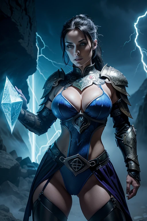 Aletta Ocean, angry evil beautiful and muscular, Nordic female, towering storm Giantess with blue black hair in a ponytail, older and mature woman, throwing a lightning ball, celtic glowing tattoos, wearing nordic steel runic plate mail Armour , temple cave background with lightning storm, glowing blue eyes, square jaw, powerful and imposing, winter clothing, pale blue purple skin, ((full plate celtic dragon armour)), nordic tattoos