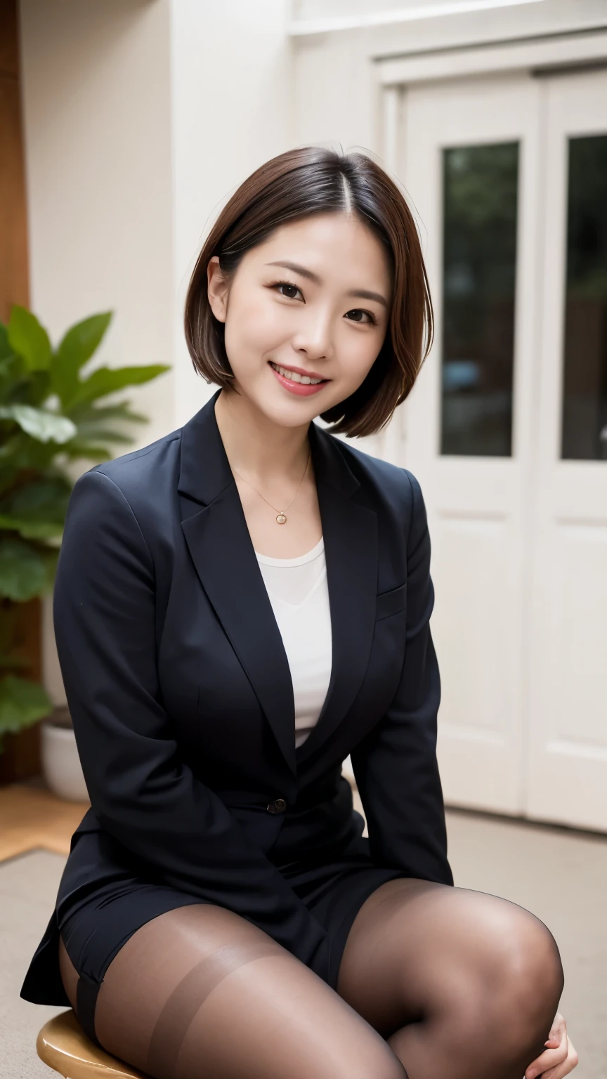 (Just One), Japanese office lady, Sexual charm, Wearing a formal suit, High heels, Formal makeup, Black Short Hair, Cute smile, Outstanding body, Lift up your skirt, (pantyhose), Sitting, Dazzling summer sunshine, Spread your legs wide, Professional portrait photography、