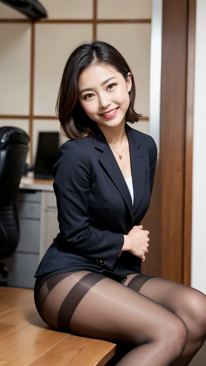 (Just One), Japanese office lady, Sexual charm, Wearing a formal suit, High heels, Formal makeup, Black Short Hair, Cute smile, Outstanding body, Lift up your skirt, (pantyhose), Sitting, Dazzling summer sunshine, Spread your legs wide, Professional portrait photography、