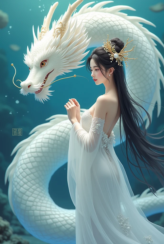 A beautiful traditional Chinese anime cartoon girl wearing a white traditional Chinese dress, she is adorned in gold silver and pearl headpieces on her lengthy black hair she has a fair white skin, delicate features. A white traditional Chinese dragon beside her under the water.