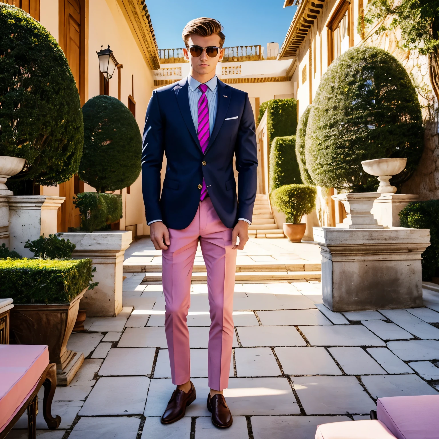 full body view, photo of one young 18 yo european white preppy handsome man with a big, strong, hooked nose, wearing navy blue blazer, grey chino pants, burgundy classic Sebago loafers, light-pink thin ribbed socks, pink shirt, navy blue tie, preppy haircut, wayfarer sunglasses, one ancient precious gold signet ring he arrogantly poses standing in the middle of the terrace chairs in front of his magnificent mansion in Andalusia, Spain