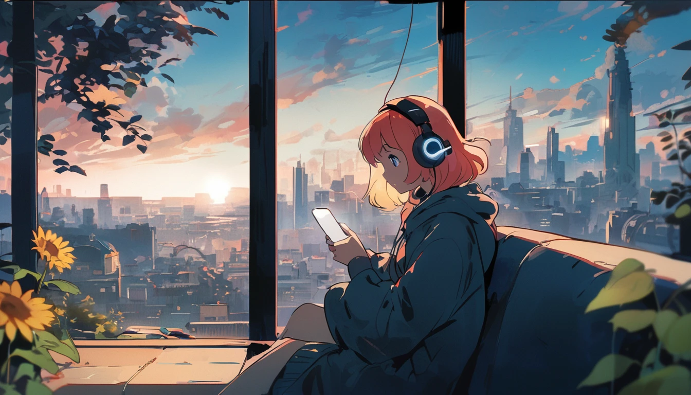 alone, lofi girl, lofi artstyle, lofi art, city, town, Anime Girl, woman sitting on a couch with headphones on and holding a cup, listening to music, listening to godly music, listening to music at 2 am, vibing to music, with headphones, relaxing mood, early morning mood, high quality stock picture, photograph taken in 2 0 2 0, with head phones, girl wearing headphones, the girl on a windowsill, Better hand, better finger, extreme fisheye lens, heterochromia, multicolored eyes, split-color hair, Soft hair, flower, outdoors, sky, day, cloud, tree, blue sky, grass, plant, nature, scenery, stairs, sunflower, 80s anime style, Retro, Lo-Fi