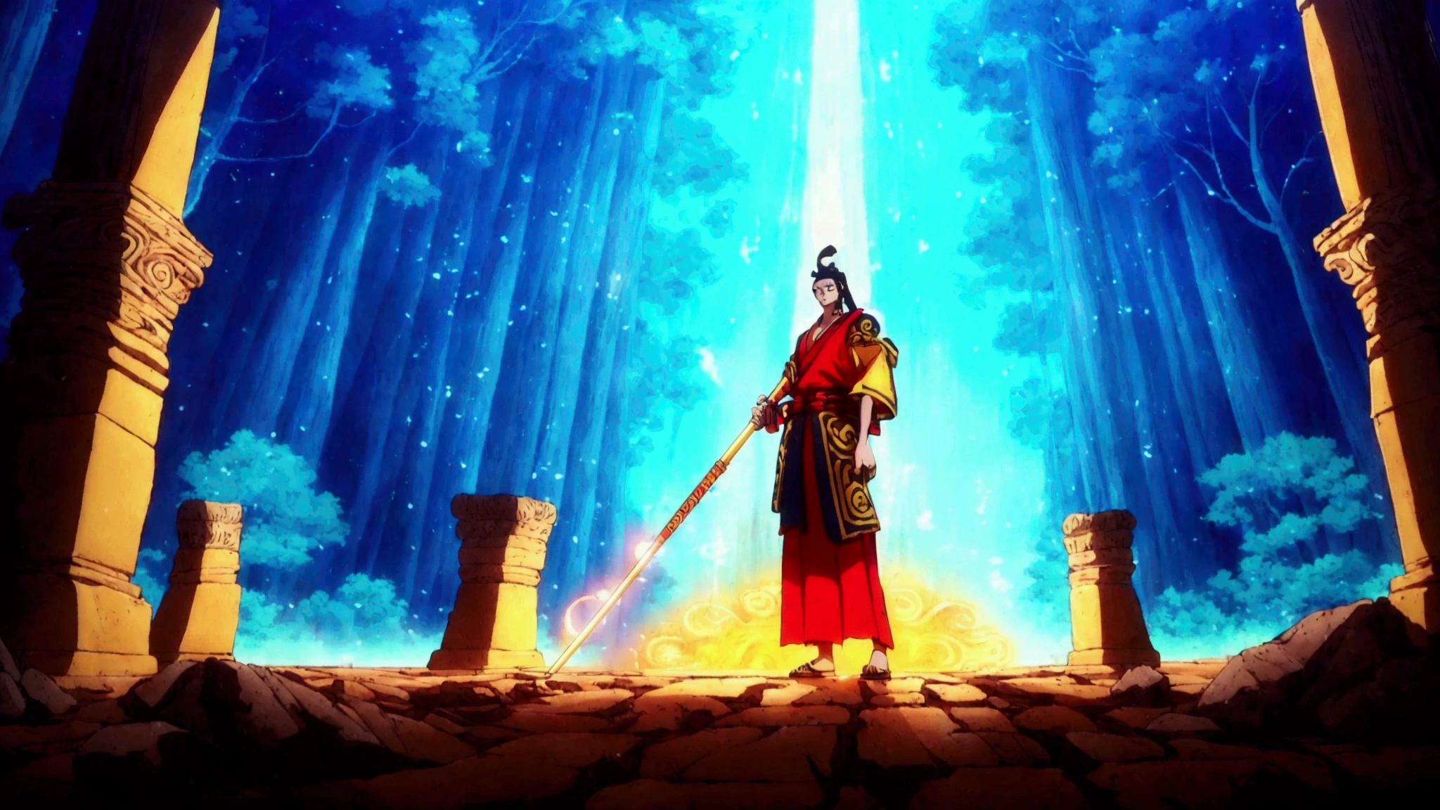 a man in a red robe holding a sword standing in front of a blue sky, ninja scroll anime style, onmyoji detailed art, legendary god holding spear, anime ninja scroll, shuushuu anime image, sengoku - era art style, onmyoji, anime still film anime shikishi, top 25 fantasy anime series, anime epic artwork, high quality, 8k, anime style, standing tall, muscular yet lean build, dark hair, shoulder-length slightly wavy hairstyle, serious expression, sharp golden eyes, wearing traditional Nusantara clothing inspired by modern fashion, intricate patterns on the outfit, holding a glowing keris in one hand, wearing Baju Bodo, Ulos, and Kebaya elements, surrounded by a mystical aura, set against a tropical forest background with ancient ruins, slightly tense posture, determined look.