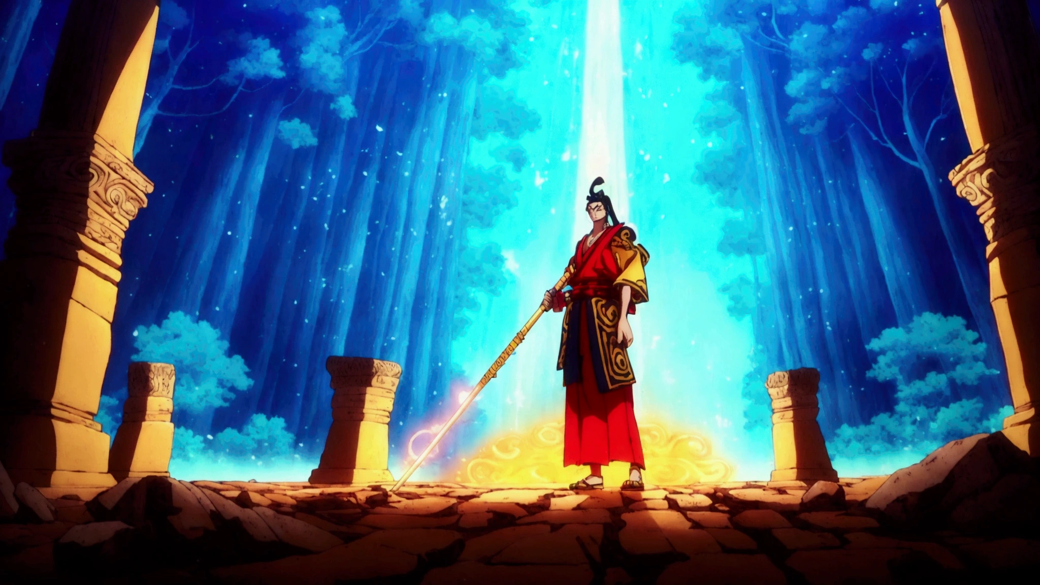 a man in a red robe holding a sword standing in front of a blue sky, ninja scroll anime style, onmyoji detailed art, legendary god holding spear, anime ninja scroll, shuushuu anime image, sengoku - era art style, onmyoji, anime still film anime shikishi, top 25 fantasy anime series, anime epic artwork, high quality, 8k, anime style, standing tall, muscular yet lean build, dark hair, shoulder-length slightly wavy hairstyle, serious expression, sharp golden eyes, wearing traditional Nusantara clothing inspired by modern fashion, intricate patterns on the outfit, holding a glowing keris in one hand, wearing Baju Bodo, Ulos, and Kebaya elements, surrounded by a mystical aura, set against a tropical forest background with ancient ruins, slightly tense posture, determined look.