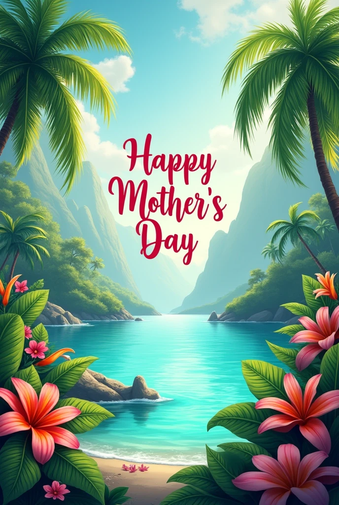 A relaxing, Tropical, charming landscape and that says "Happy mothers day"