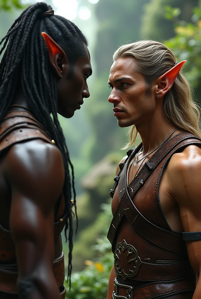 Male elf with ebony skin and male elf with bronze skin and wavy hair wearing a leather armor..