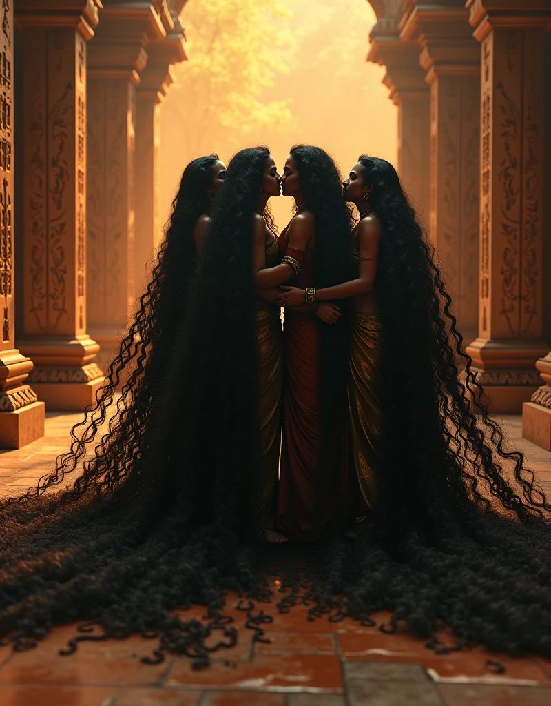 indian kali temple,y,younger,maturey,eldery four indian ladies in sarees,black 3c curly hairs,like rapunzel springs noodles,Flooded with 100 liters of oil in to thier hair,hairs like oil pulp,whipping their hairs,hairlines are all together till the end,backward bend over and hands on the ground,kissing,