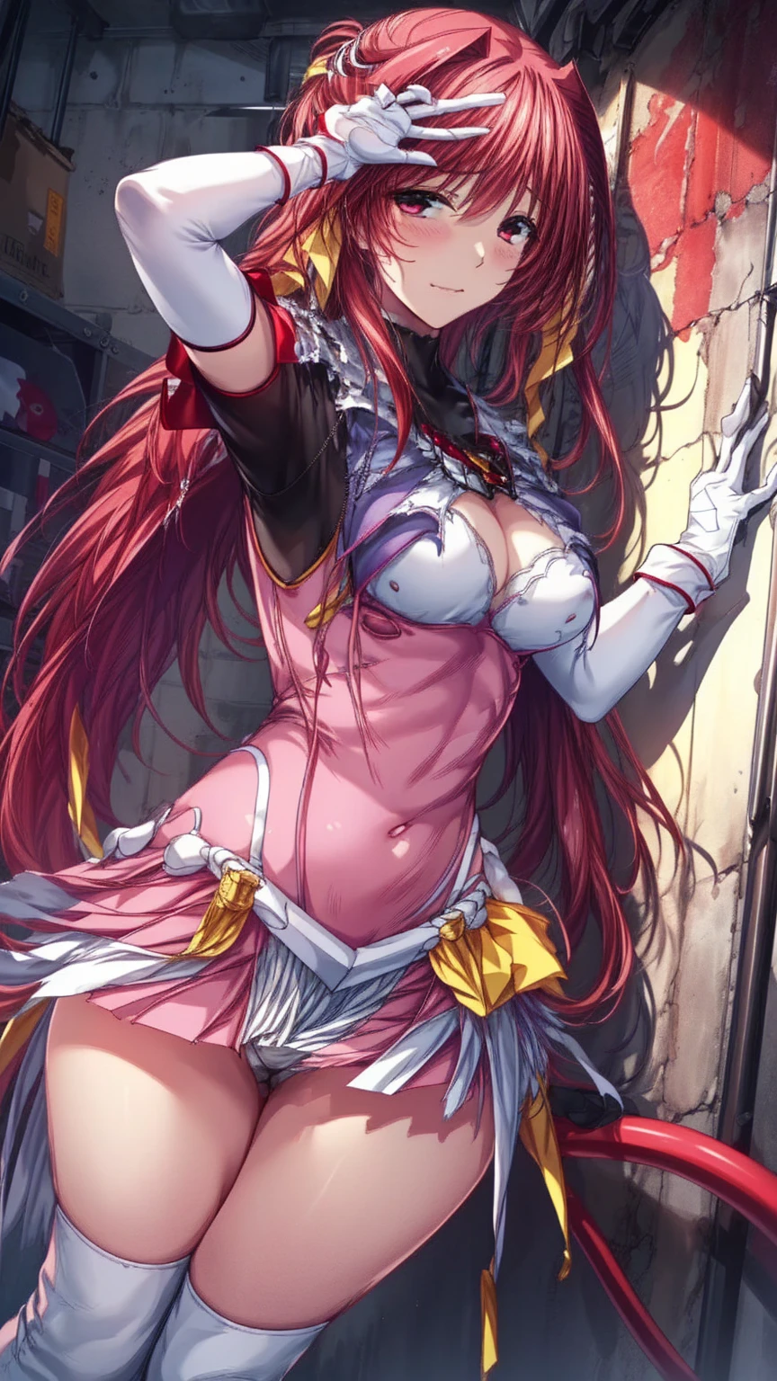 12k,Escalayer,long hair,hair_ornament,Red eyes,Pink Dress,White long gloves,thigh_boots, Embarrassing ,blush,,,White panties,,masterpiece,Noise Reduction,Perfect Anatomy,High resolution, Very detailed,Game CG,Dutch Angle ,Beautiful attention to detail,Visual Arts,Five Fingers, Perfect hands, Perfect lighting,,Red eyes,(evil Smile:1.2),(Inside a futuristic base:1.1),puff sleeve,(Emotionless,Expressionless:1.4),
