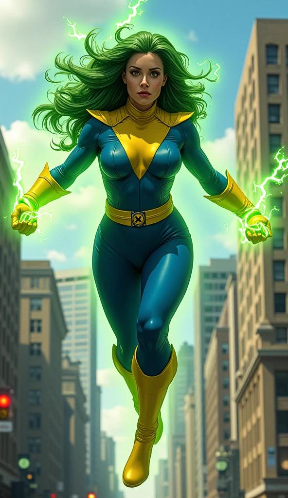 Lorna Dane, polaris x-men, (green thick wavy long hair:1.4), wearing a blue costume, with yellow xmen belt, yellow glowes, yellow boots, flying in New York city, (she's using  her green power:1.3)