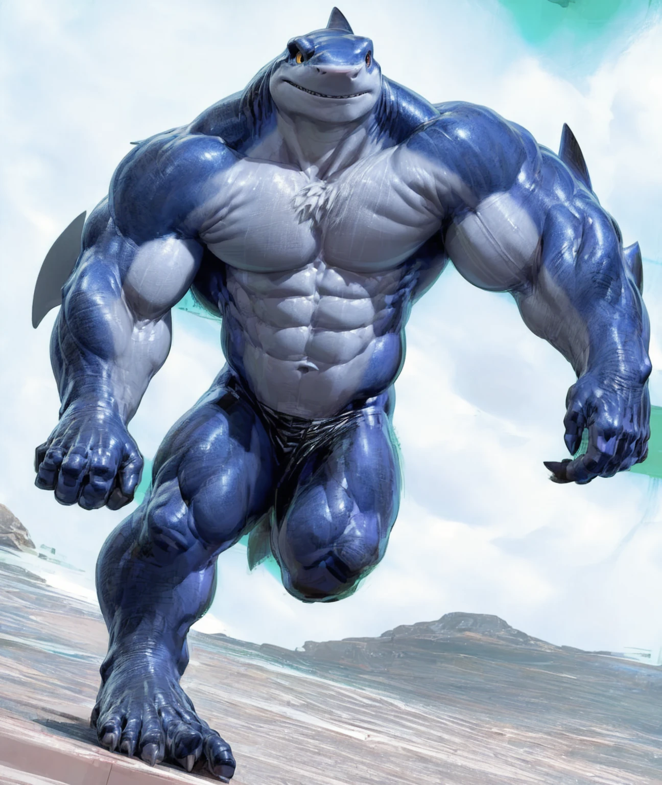 best quality,1boy,solo,muscular male,hi res,8k hd,looking at viewer,arms_raised,(by takahirosi,by null-ghost,by pino daeni:1.5),masterpiece,best quality,(shark,blue skins,yellow eyes,no tails):0.9,solo,hi res,8k hd,((nudiest:1.7)),full body shot,((show legs&feet)),white background,(((rugged body,wide_chest,wide_abs,wide_legs,wide_feet,big muscular,better eyes,better pupils))),standing,confident muscle-man posing