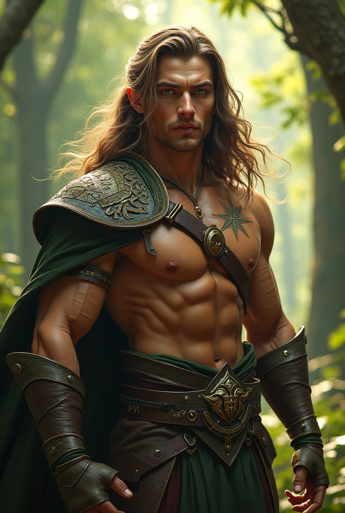 Male elf with bronze skin and wavy hair wearing a leather armor.