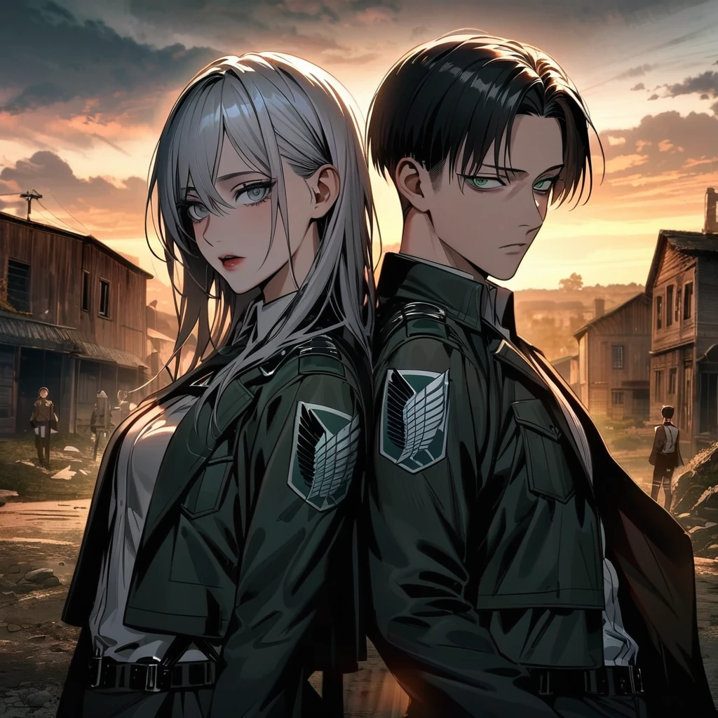 Ultra detailed, Highres, absurdres, HDR, Levi Ackerman, black hair, grey eyes, Shingeki No Kyojin, extremely handsome, 1 man with 1 woman, she have white hair and green eyes, the woman is part of the squad, the sunset, full-body portraits, dark ambiance, only two people 