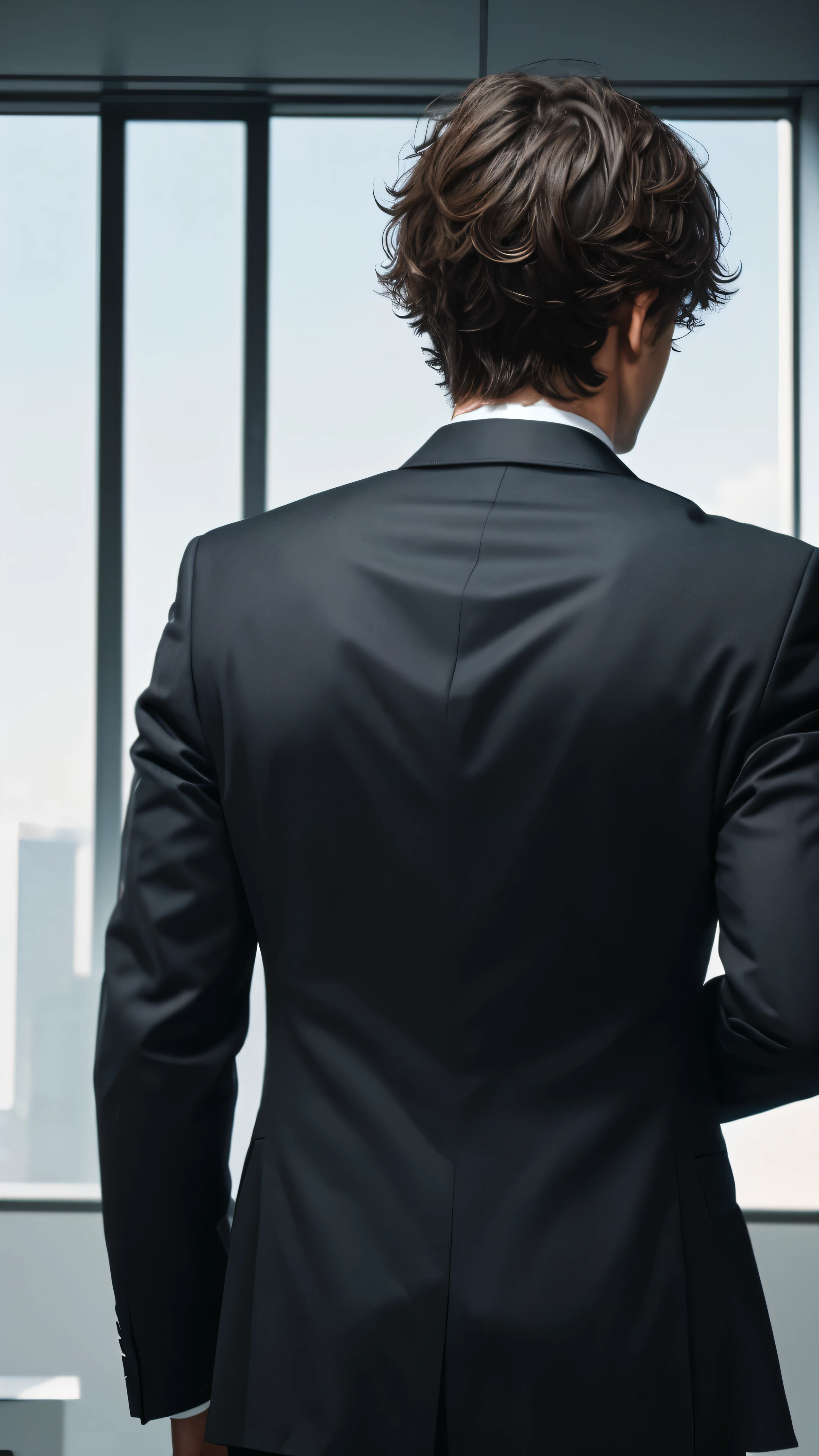 business man back view looking sadness, messy hair, 4k, detail