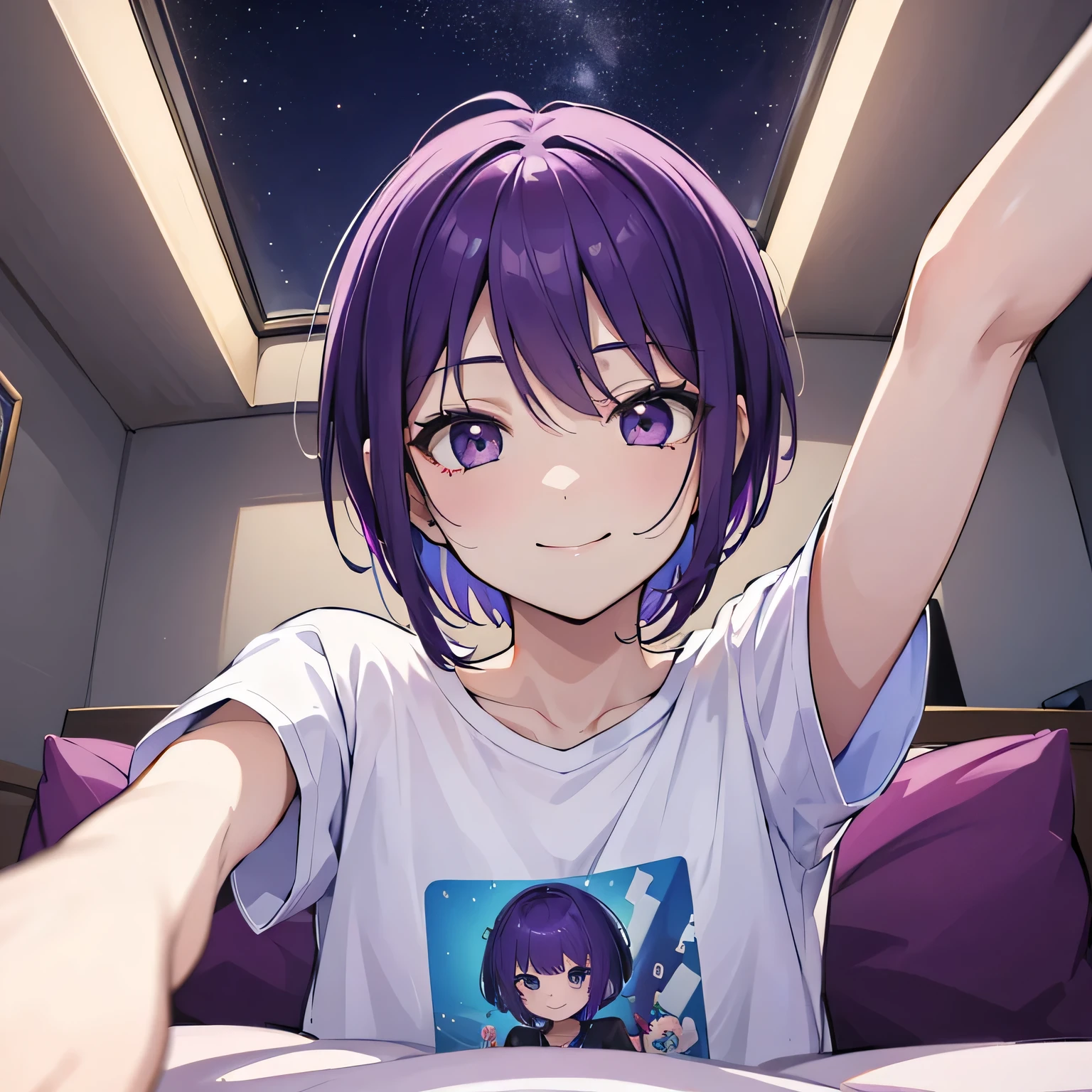 (T Masterpiece,4K wallpaper,Best Quality))、((1people))、(solo)、Bright and Brilliant,(Purple Hair)、(short hair:1.3)、smile、Bedroom、T-Shirts、night