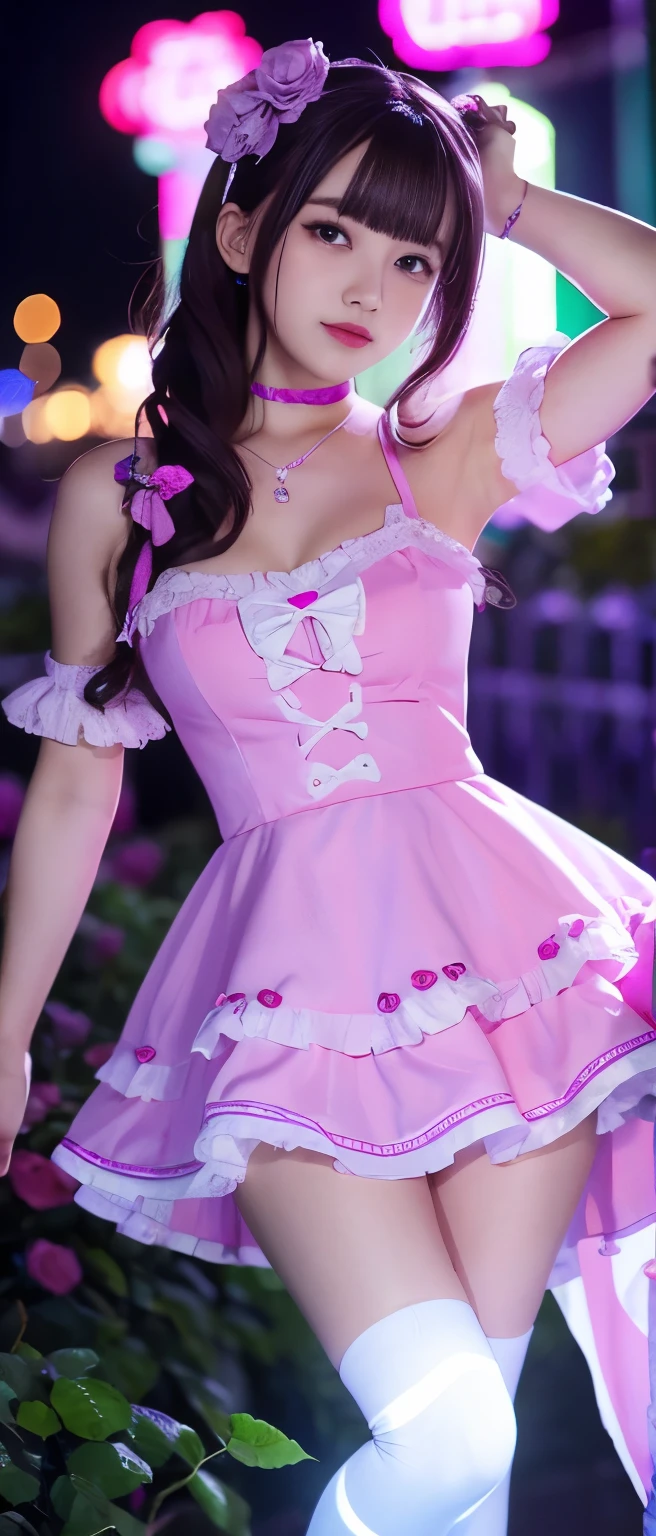 Cute idol girl、whole body、Good style、、、、、、、、、、Thick legs、Rose-covered ghost dress（Fluorescent pink and purple）、Cool girl face、、、A rose garden glowing at night