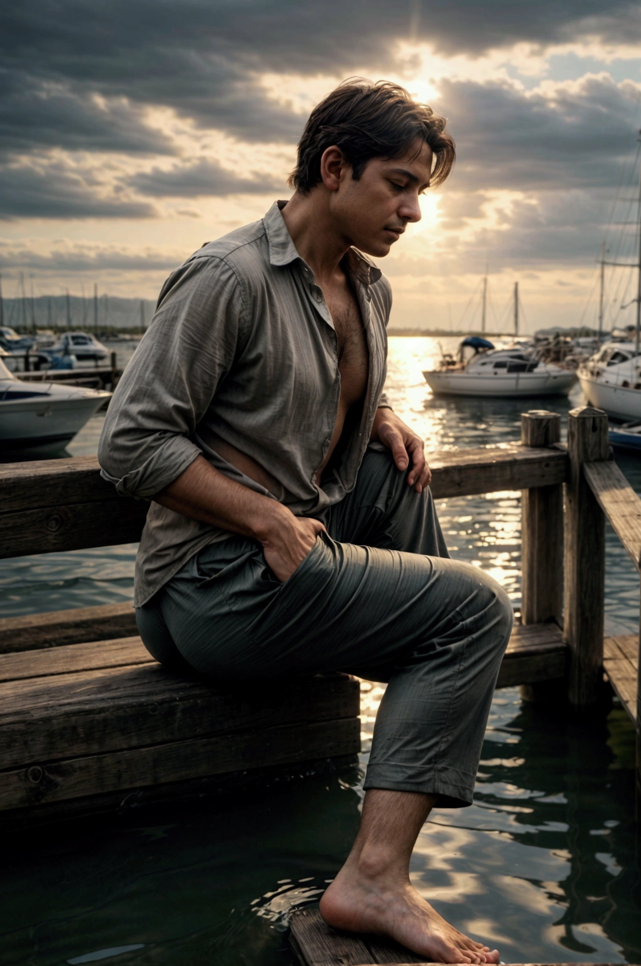 A tranquil Pino Daeni-inspired scene: A contemplative mature male figure sits on a weathered wooden bridge, his feet submerged in the gentle lapping of the water's edge. His bare muscular torso and rolled-up trousers evoke a sense of relaxed confidence. The sailing marina unfolds in the background, with boats moored like tiny islands, as seagulls soar overhead against a brilliant summer sky. Warm sunlight casts dramatic shadows, creating a captivating chiaroscuro effect.