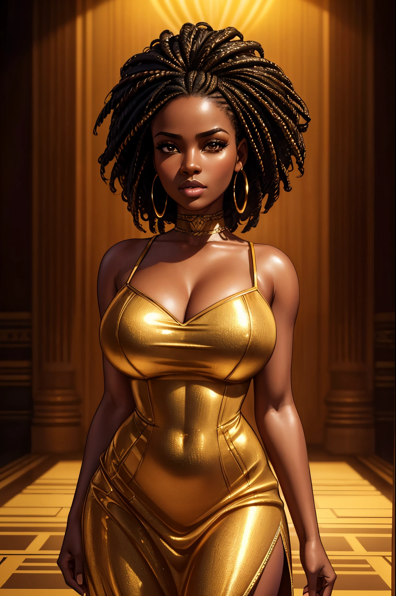 beautiful black woman, short (golden) dress that seems to flow like honey, detailed face, detailed eyes, detailed lips, highly detailed, photorealistic, octane render, cinematic lighting, dramatic composition, intricate details, high resolution, 8k, chiaroscuro, warm color palette, volumetric lighting, depth of field