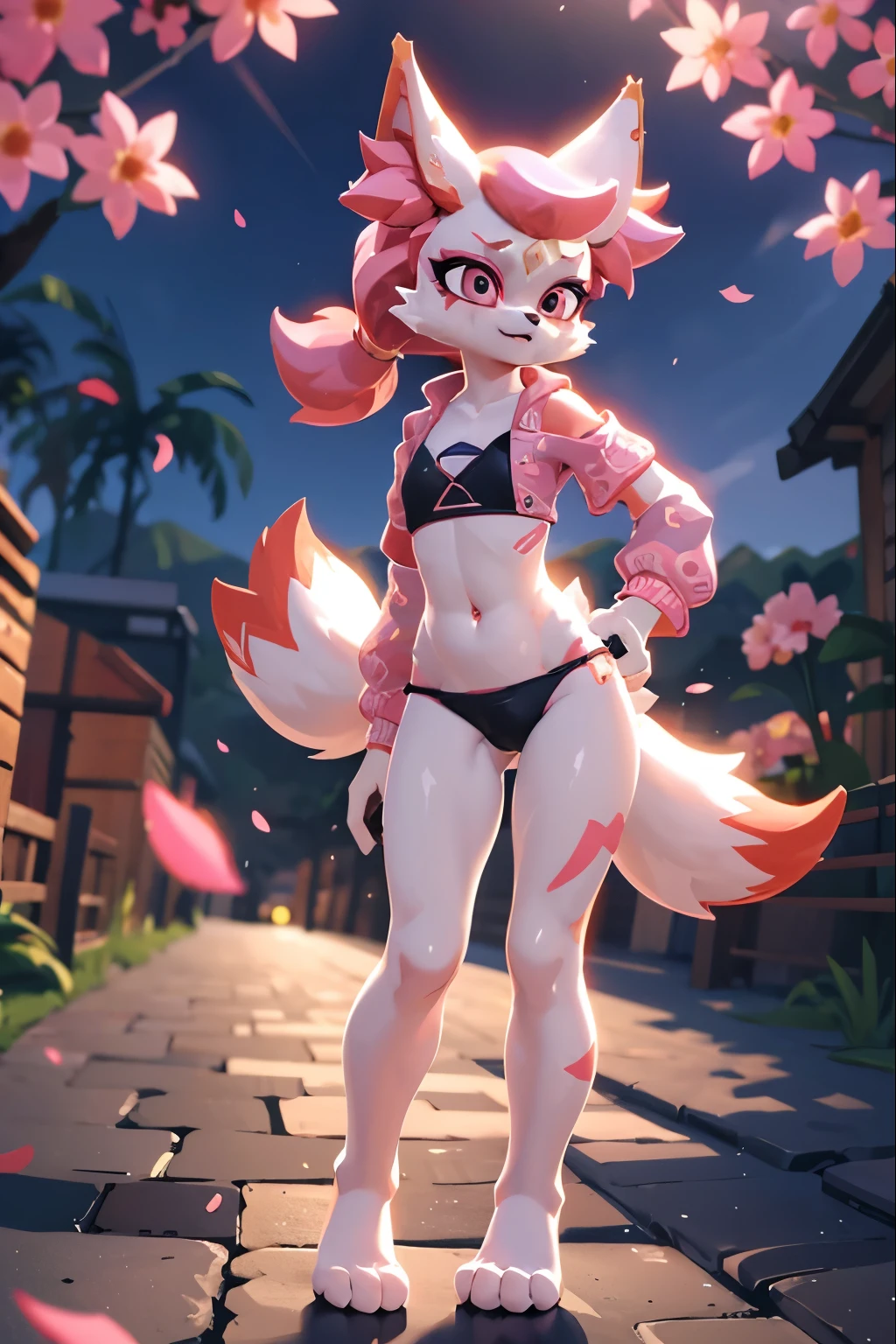 score_9,score_8_up,score_7_up, source_cartoon, source_furry, Kimiko Five-Tails, furry female anthro, fox girl, white body fur, pink hair, ((goggles, pink jacket, open clothes, black bikini)), small breasts, detailed body fur, detailed body, detailed face, detailed eyes, glistering body, shiny body, skinny, :3, multiple tails, multi tail, solo, body fur, (best quality), cinematic lighting, anime style, short ponytail, scar on the eye, 2D, beach, clear sky, full body, feets with three toes, 3 toes, background of falling sakura petals, cherry blossoms,