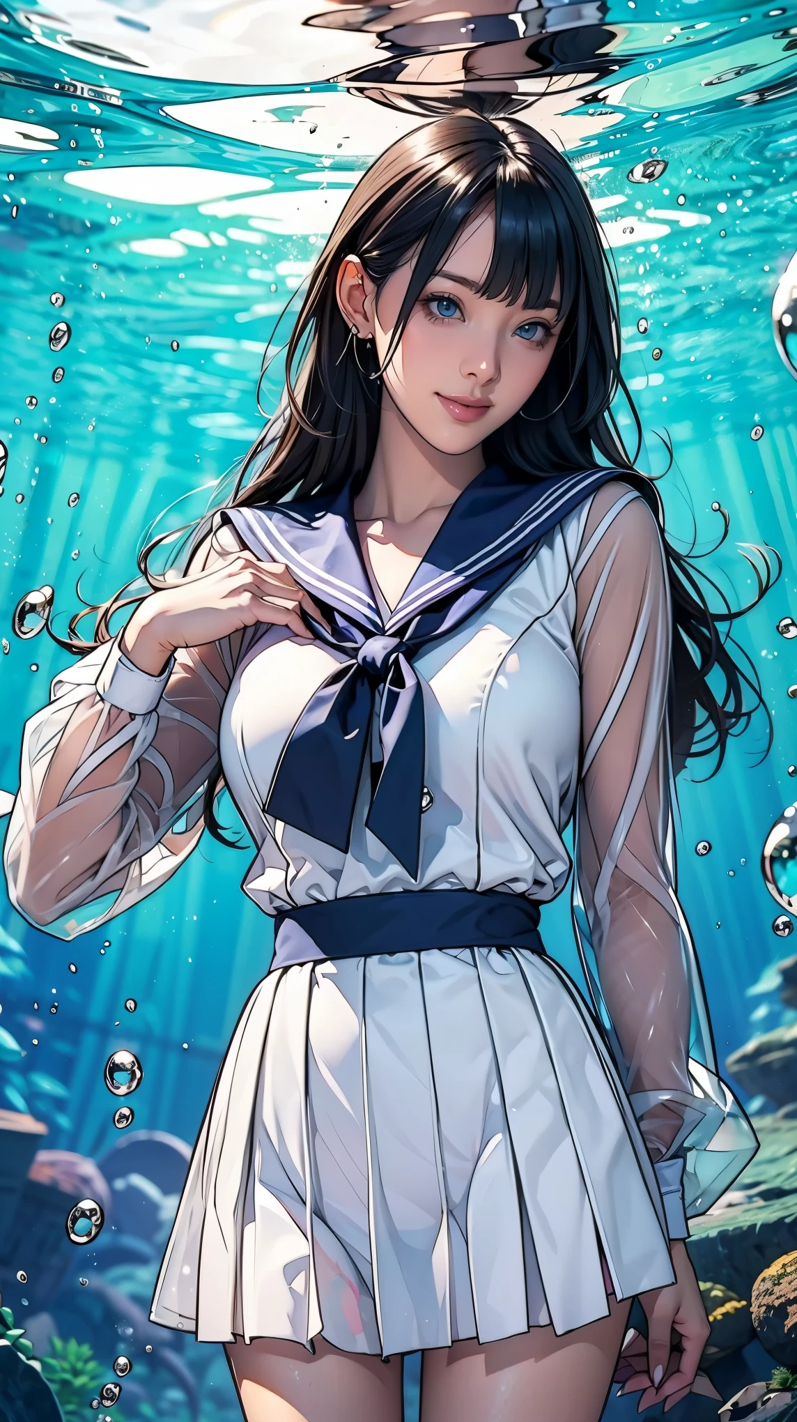 (See through:1.3),White Seraphim,Sailor suit, White Theme,school uniform, Sailor suit, View your viewers, Insanity, Disheveled long hair, Beautiful attention to detail,Hair shines,Elevation,Blue sailor collar, Firm breasts,A light smile,Partially underwater...