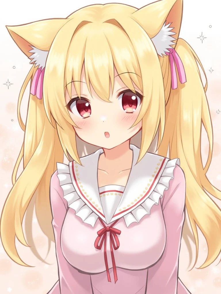 One person, Blushing, Blonde, Red eyes, Twin tails, Open your mouth a little, High-resolution model, Very long hair, Ahoge, Bangs, Hime cut, chest, Cat ear, Roll your eyes, Round eyes, Eyes are diamonds, Sparkling eyes, Wide-angle shot, ribbon, Halftone Style, Background blur, Sparkle Effect, 日本のIllustrationスタイル, Illustration, 