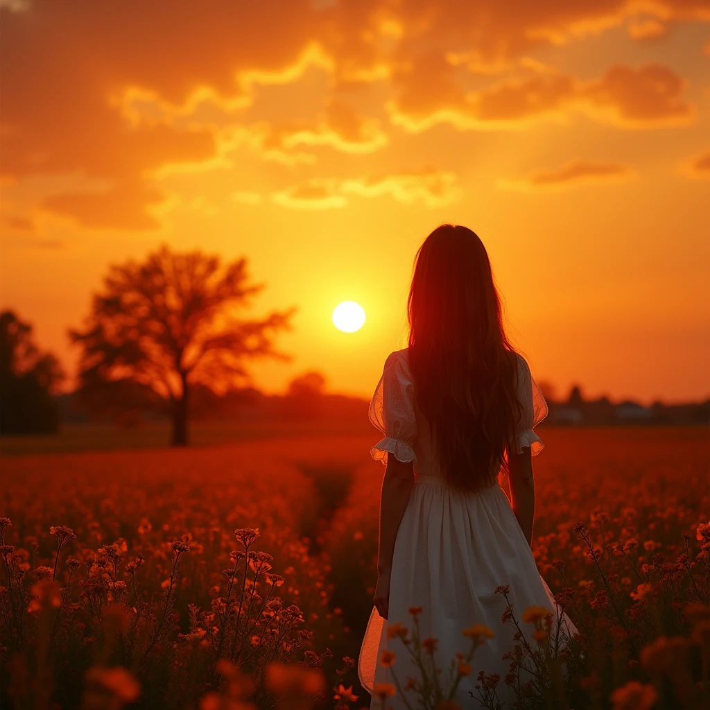 A huge beutyful sun set view with orange shade cloundy sky warming look.With floret in front view,mood of countryside.Outstanding long hair girl on see through white dress